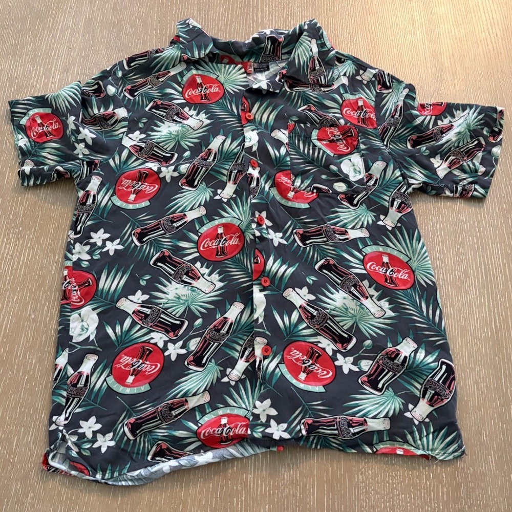 Coca-Cola Men Medium Hawaiian Shirt Tropical Bottle Print Short Sleeve Button Up